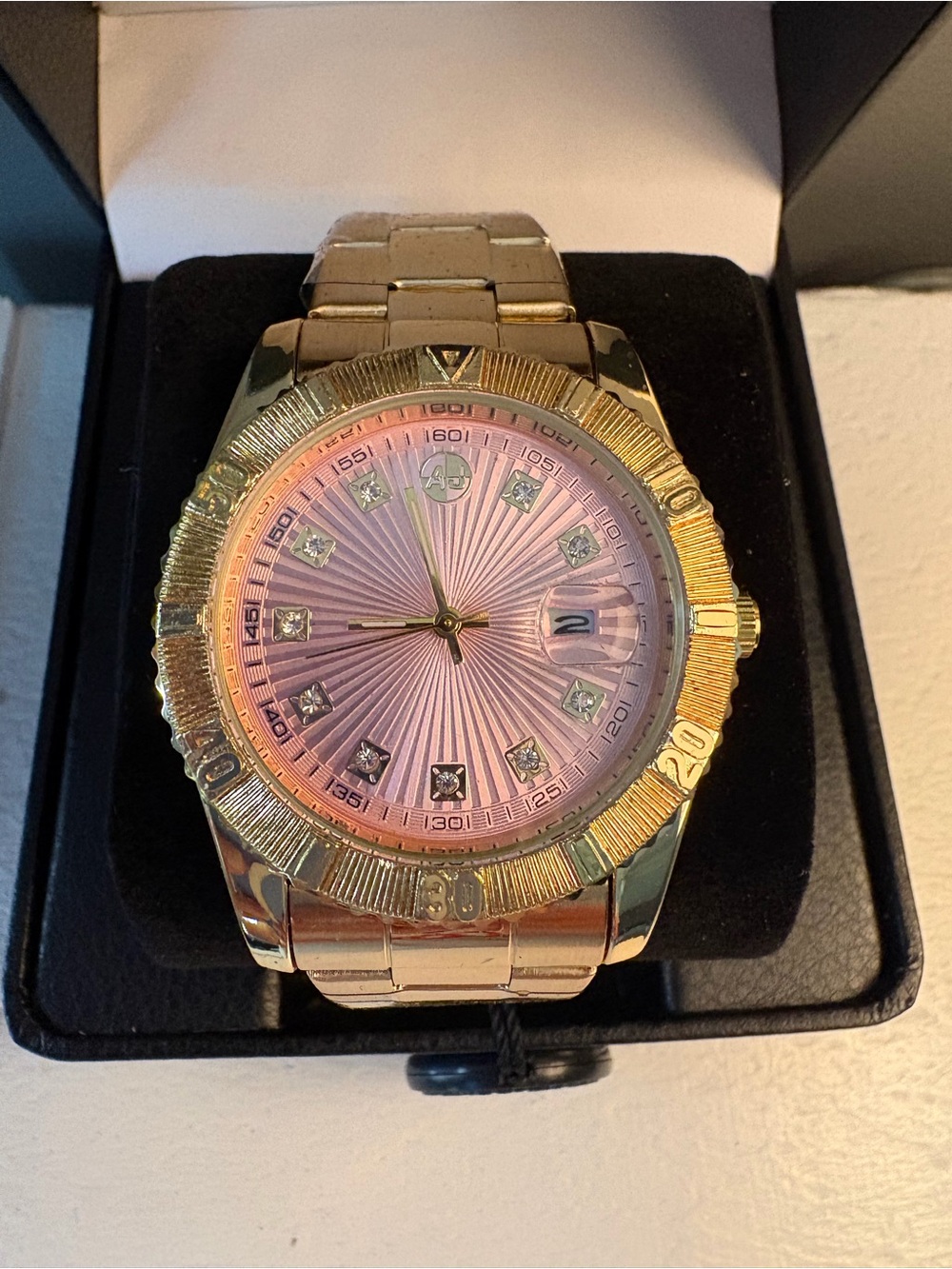 AJ Brand Gold Tone Women's Bracelet Watch with Pink Sunburst Dial
